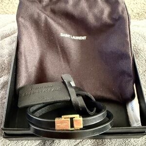 Saint Laurent Double Wrapped Black Leather Bracelet with bronze Gold clasp